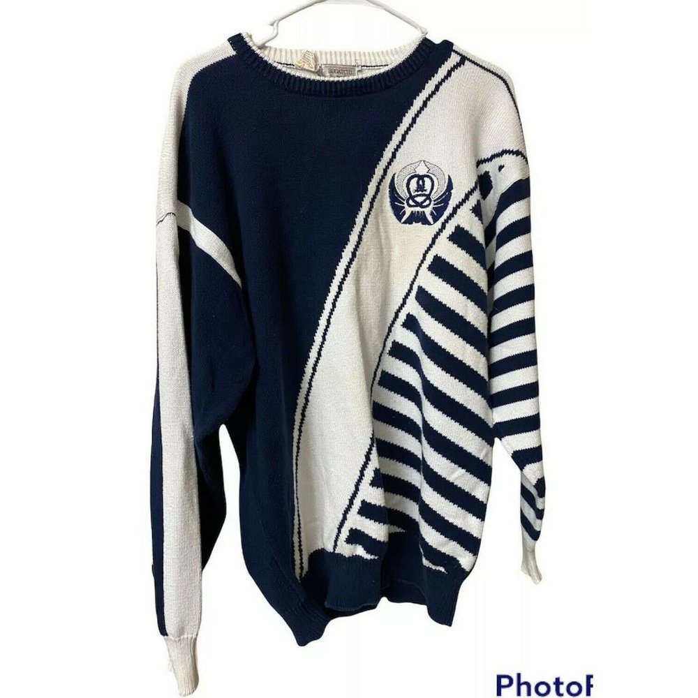 Sweater BUGATCHI Uomo Cotton Blue White Stripe  Long Sleeve‎ Pullover Size L